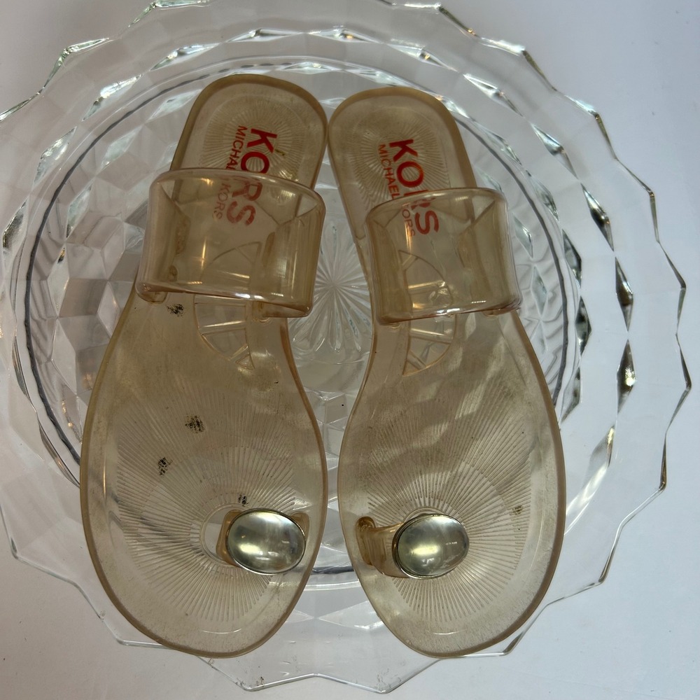 Michael Kors Jelly Thong Sandals Clear Silver Toe Ring Beach Summer v